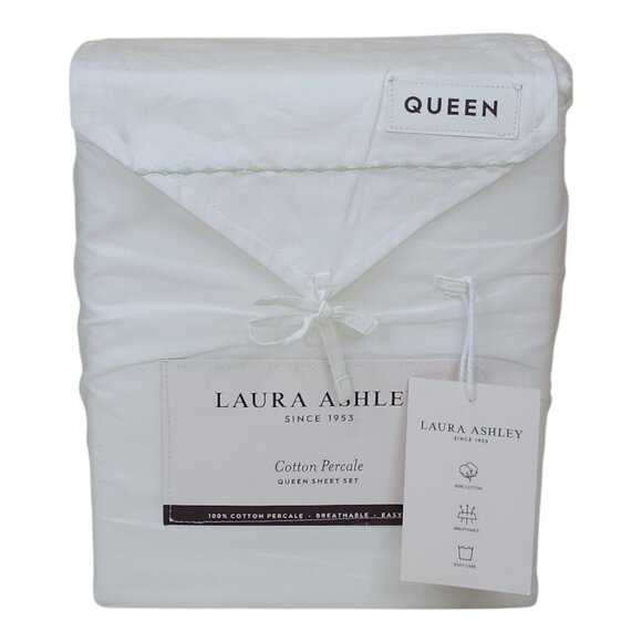 Laura Ashley Queen Sheet Set Cotton Percale Green Heart Embroider Cool Air Flow - Picture 10 of 10
